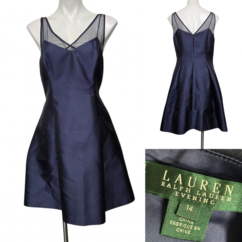 Lauren Ralph Lauren Evening Navy Blue Satin Mesh Illusion Cocktail Dress 14
